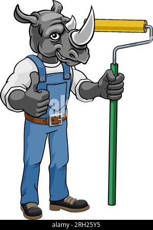 Rhino Painter Decorator Paint Roller Mascot Man Stock Vector