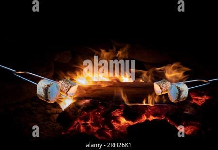 Marshmallows roasting over an outdoor fire at night with room for text above Stock Photo