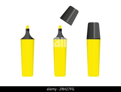 Yellow highlighter marker, 3 versions of marker in yellow color. Vector set. Stock Vector