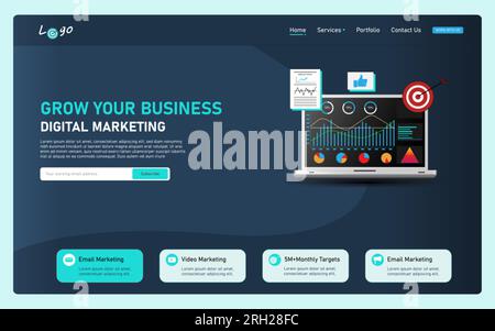 Digital Marketing web template, realistic laptop, web template for business and social media marketing, website, viral, target marketing, seo, keyword. Stock Vector
