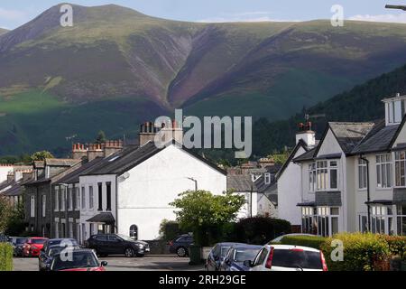 Residential Street in Keswick with Skiddaw rising behind, Lake District National Park, Keswick, Cumbria, England, United Kingdom Stock Photo