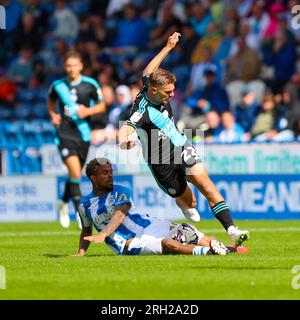 John Smith's Stadium, Huddersfield, England - 12th August 2023 Josh Koroma (10) of Huddersfield Town tackles Kiernan Dewsbury-Hall (22) of Leicester City - during the game Huddersfield Town v Leicester City, Sky Bet Championship,  2023/24, John Smith's Stadium, Huddersfield, England - 12th August 2023 Credit: Mathew Marsden/WhiteRosePhotos/Alamy Live News Stock Photo