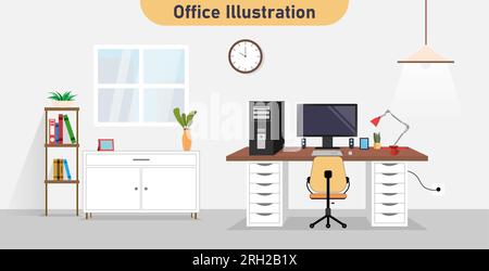 Indoor home office interior. Office workstation furniture interior concept. Vector flat graphic design cartoon illustration. Stock Vector