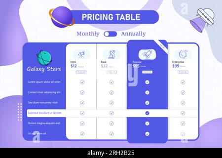 4 Plan Pricing Table Template Design, Comparison table. Price chart template, business plan pricing grid, web banner checklist design template. Vector Stock Vector