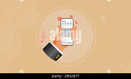 Hand holding mobile phone with instagram interface. Social media mobile app page template. Smartphone in hand Vactor Illustration. Stock Vector