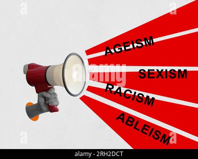 Modern collage with hand holding a megaphone and the words. Biased language. Stock Photo