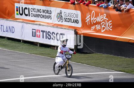 Great Britain's Bethany Shriever wins the Women's Elite Final during day eleven of the 2023 UCI Cycling World Championships at the Glasgow BMX Centre, Glasgow. Picture date: Sunday August 13, 2023. Stock Photo