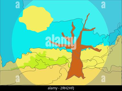 a tree in the desert is drawn with curved lines, neurographics Stock Vector