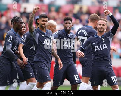 London, UK. 13th Aug, 2023. Cristian Romero (2nd L) of Tottenham Hotspur celebrates after he scores the opening goal during the Premier League match at Gtech Community Stadium, London. Picture credit should read: Paul Terry/Sportimage Credit: Sportimage Ltd/Alamy Live News Stock Photo