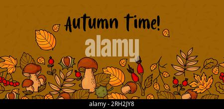 Autumn time. Seamless horizontal border banner. Wild berries, forest mushrooms, chestnuts and colorful autumn leaves on brown background. Vector illus Stock Vector