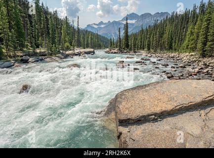Rocky shore of Mistaya River in the Rocky Mountains of Banff National Park Stock Photo