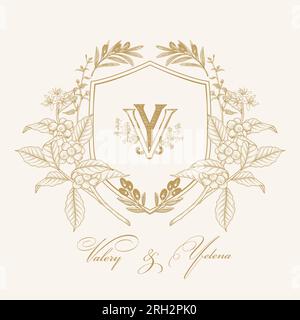 VY Initial Wedding Monogram Logo Crest, Wedding Logo Design, Custom Wreath Wedding Monogram, Crest Initial Wedding Logo. Stock Vector