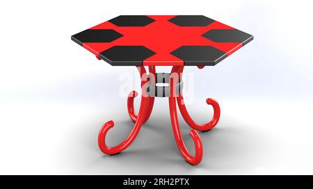 Hexagonal Red Black Table. Decorative Coffee table with curved red legs. Product design 3d render showcase on white background Stock Photo