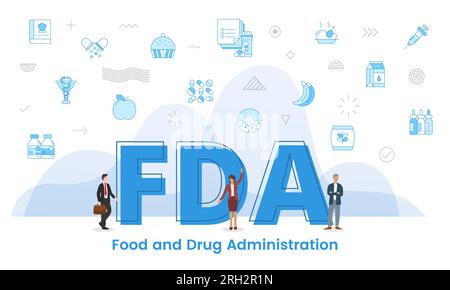 fda food and drug administration concept with big words and people surrounded by related icon with blue color style vector illustration Stock Photo