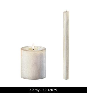 Set of White candles for decorating in Halloween, New Year and Christmas. Watercolor hand painting illustration on isolate white background. Clipart Stock Photo