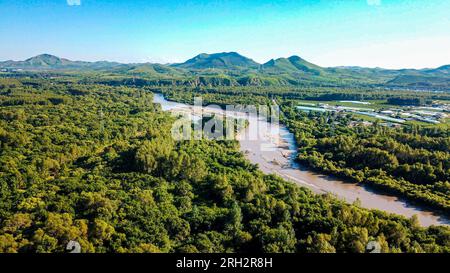Ulanhot, China's Inner Mongolia Autonomous Region. 13th Aug, 2023. This aerial photo shows a view of the Tao'erhe National Wetland Park in Ulanhot City, north China's Inner Mongolia Autonomous Region, Aug. 13, 2023. Credit: Peng Yuan/Xinhua/Alamy Live News Stock Photo