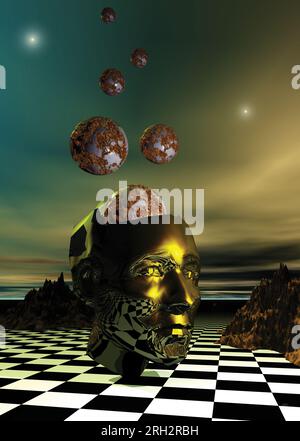 golden humanoid head on a chessboard, spheres coming out of it, Stock Photo