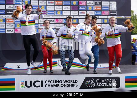 Switzerland's Filib Steiner (left), France's Tessa Martinez (second left), France's Romain Mahieu (centre left), Great Britain's Bethany Shriever (centre right), France's Romain Mahieu (second right) and Latvia's Veronika Sturiska pose with their gold medals after winning their respective categories during day eleven of the 2023 UCI Cycling World Championships at the Glasgow BMX Centre, Glasgow. Picture date: Sunday August 13, 2023. Stock Photo