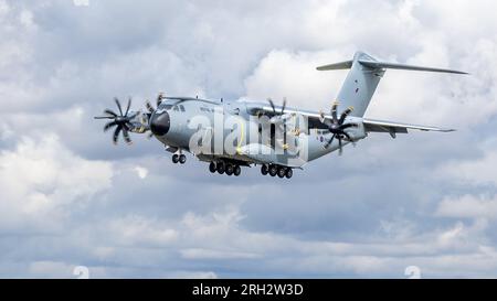 Royal Air Force Airbus A400M ‘ZM419’ on final approach to land at RAF Fairford to take part in the Royal International Air Tattoo 2023. Stock Photo