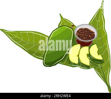 Green Mango Fruit with Thai Chili Paste Sauce Stock Photo