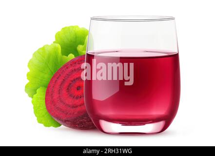 Beetroot in a glass and cut raw beet, isolated on white background Stock Photo