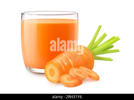 Carrot juice in a glass and cut carrot, isolated on white background Stock Photo