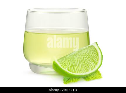 Lime drink in a glass, piece of lime and mint leaf, isolated on white Stock Photo