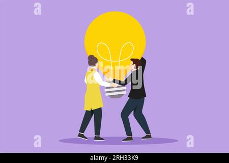 Graphic flat design drawing two people hold big idea bulb. Creativity, brainstorming, teamwork. Businessman woman holding light bulb up, symbol of fin Stock Photo