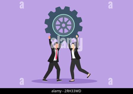 Cartoon flat style drawing of collaboration project. Active man and woman lifting gears. People working with cogs. Professional teamwork process coope Stock Photo