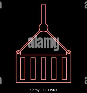 Neon port container on cable pulley freight export import shipping logistic commerce concept red color vector illustration image flat style light Stock Vector