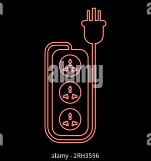Neon strip multi plug network filter smart power tripled wire socket adapter electrical extension cable equipment cord electric tee red color vector Stock Vector