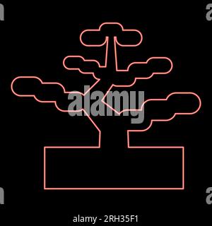 Neon bonsai pine tree garden concept plant japanese red color vector illustration image flat style light Stock Vector