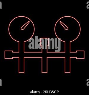 Neon pressure gauge and pipes manometer pressure meter or vacuum gauge red color vector illustration image flat style light Stock Vector