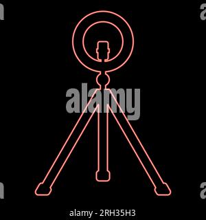 Neon led ring lamp on tripod with smartphone for phone studio photo light podcast concept equipment for streaming video red color vector illustration Stock Vector