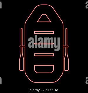 Neon inflatable boat with paddles oars water travel sport river ship leisure summer time concept red color vector illustration image flat style light Stock Vector