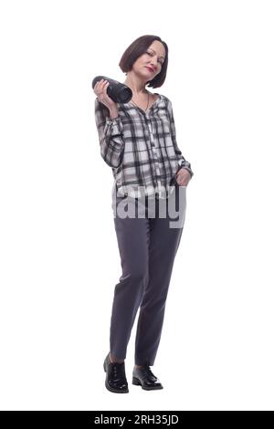 in full growth. happy mature woman with smart wireless column. isolated on a white background. Stock Photo