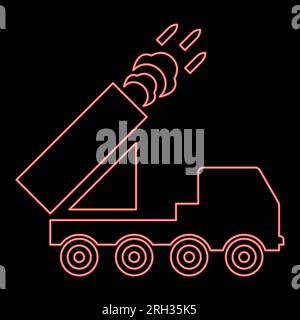 Neon multiple launch volley reactive rocket system fire shoots missiles red color vector illustration image flat style light Stock Vector
