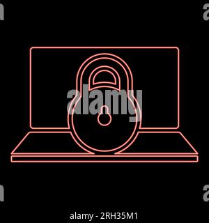 Neon laptop lock personal data security cyber access concept locked padlock use red color vector illustration image flat style light Stock Vector