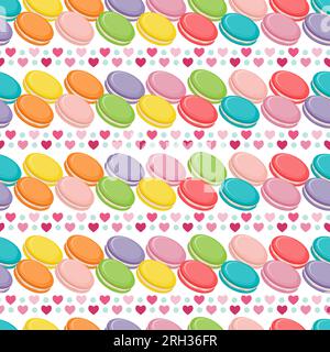 Vector seamless pattern with colorful macaroon cookies, french biscuits, hearts Stock Vector