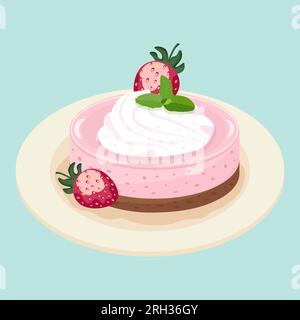 Strawberry cheesecake, sweet fruit dessert with whipped cream on plate, vector. Stock Vector