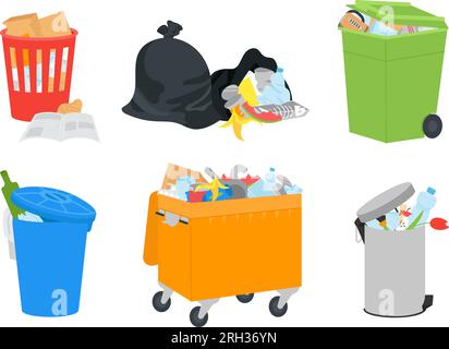 Trash bins with garbage, open dump and waste bags. Plastic bin, recycle rubbish containers. Isolated dirty junk, decent basket vector set Stock Vector