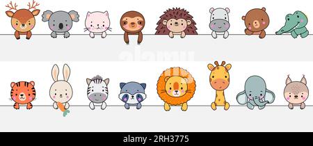 Cartoon animals holding banner. Animal peeking out lines, koala, cat and crocodile looking. Wild characters wall stickers and decor nowaday vector art Stock Vector