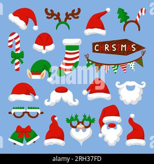 Christmas photo booth colorful santa and deer elements. Selfie decoration, xmas stickers. Red claus and elf hats, neoteric holiday vector set Stock Vector