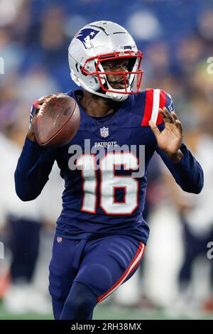 New England Patriots quarterback Malik Cunningham (16) reacts during the  second half of an NFL pre-season football game against the Houston Texans,  Thursday, Aug. 10, 2023, in Foxborough, Mass. (AP Photo/Greg M.