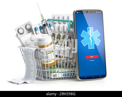 Mobile service or app for purchasing medicines in online pharmacy drugstore. Smartphone and shopping basket full of medicines. 3d illustration Stock Photo