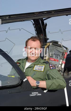 RAF pilot Matt Barker, Royal Air Force solo BAe Hawk air display pilot for 2009 sitting in the cockpit of a Hawk T1 with ejection seat. 208 Squadron Stock Photo