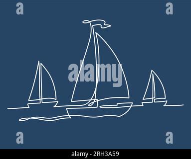 Sailboats silhouette in the sea, one continuous line drawing. Regatta illustration, simple minimal design. Vector art on blue background. Stock Vector