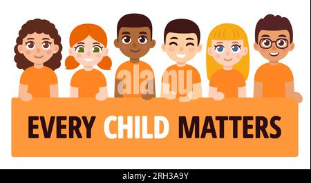 Cute cartoon group of children wearing Orange Shirt Day t-shirts and holding banner with text Every Child Matters. National Day for Truth and Reconcil Stock Vector