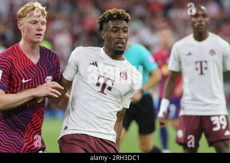 MUNICH, Germany. , . 13 Nicolas Seiwald of RB Leipzig vs 11, Kingsley Coman of Fc BAYERN during the Supercup Football match between Fc Bayern Muenchen and RB LEIPZIG at the Allianz Arena in Munich on 12. AUGUSTR 2023, Germany. DFL, Fussball, 0:3 (Photo and copyright @ ATP images/Arthur THILL (THILL Arthur/ATP/SPP) Credit: SPP Sport Press Photo. /Alamy Live News Stock Photo