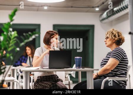 Two business colleagues discussing about work together at the office Stock Photo